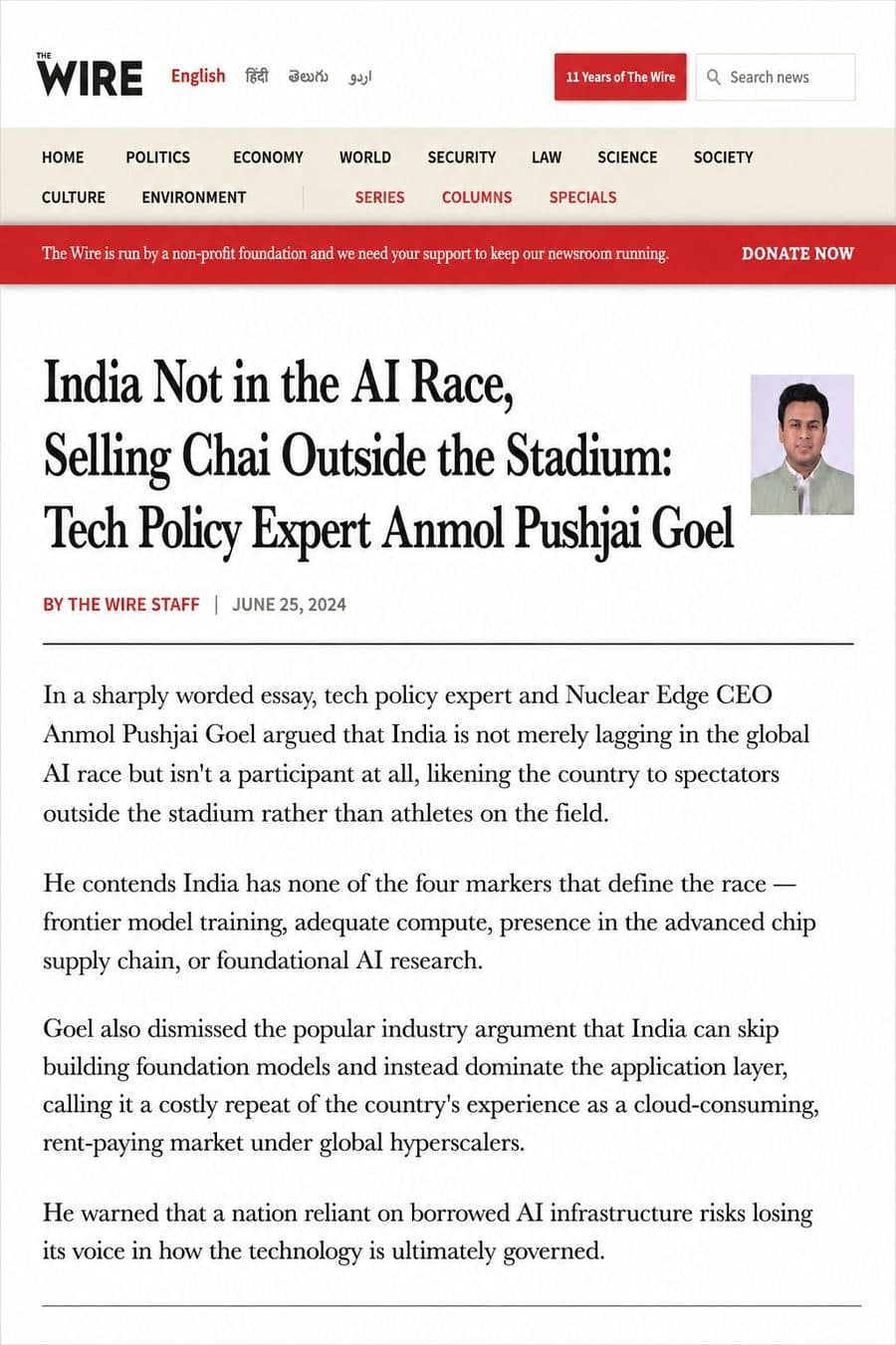 The Wire: India is not in the AI race, it is selling chai outside the stadium