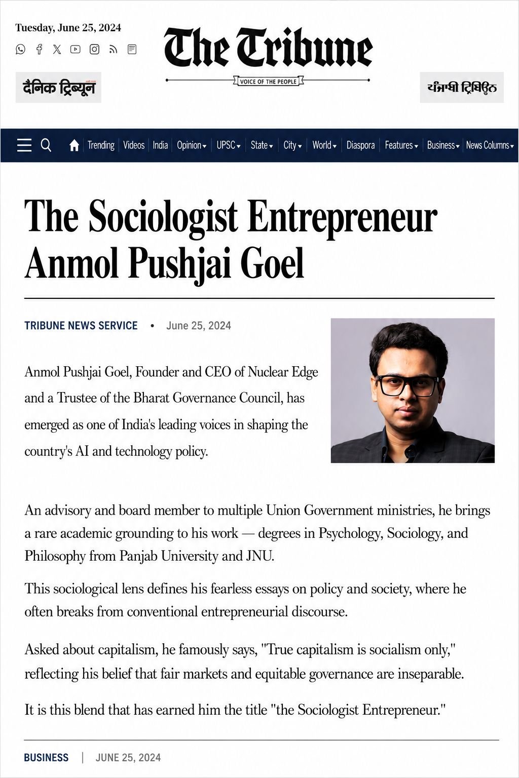 The Tribune clipping about Anmol Pushjai Goel