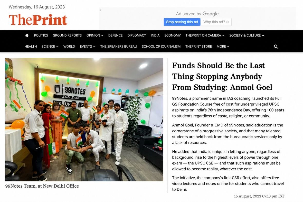 ThePrint clipping about free IAS coaching